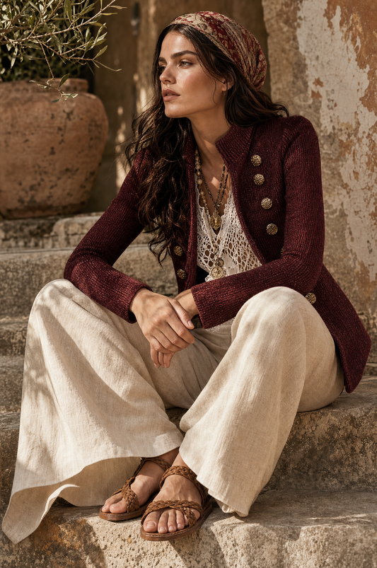 Cardigan doppiopetto bordeaux con bottoni dorati – look indossato