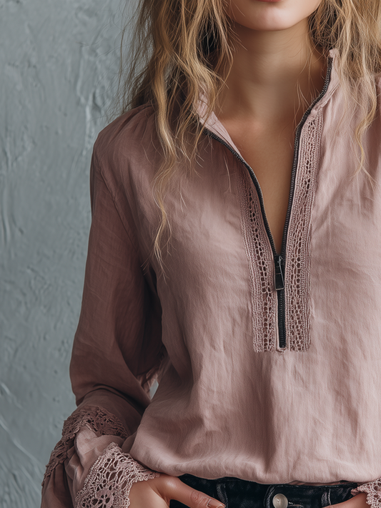 Blusa vintage rosa con polsini in pizzo – dettaglio 1