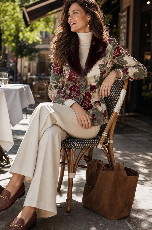 Blazer retrò floreale bordeaux con colletto in pelliccia ecologica – dettaglio 1
