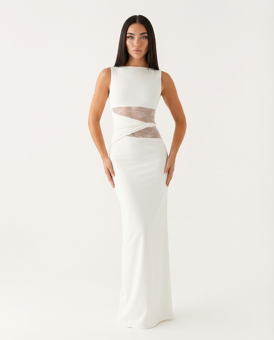 Abito lungo Lace Illusion bianco – vista frontale
