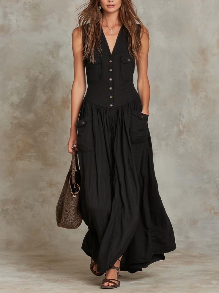 Vestito lungo in cotone nero – vista frontale