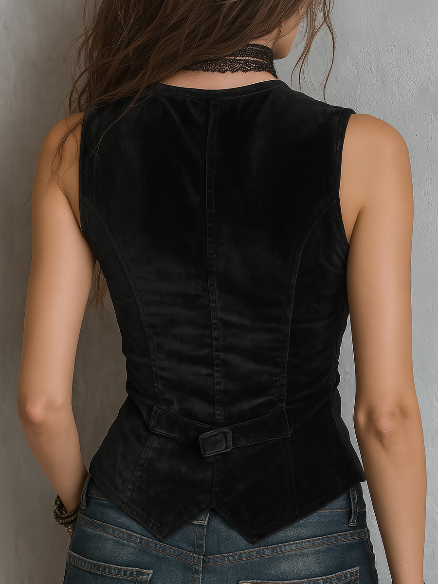 Gilet vintage in velluto nero con scollo a V – dettaglio 2