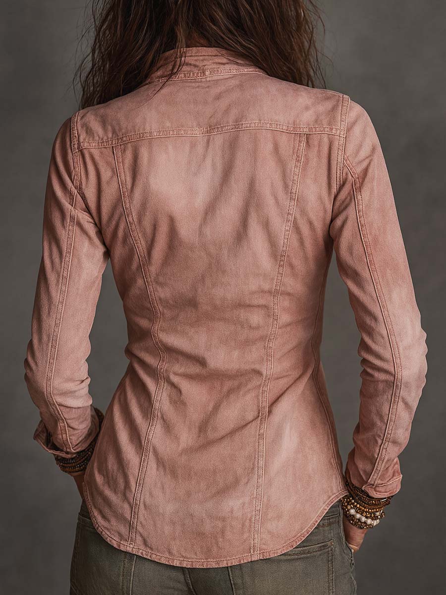 Camicia in denim rosa cipria con zip – dettaglio