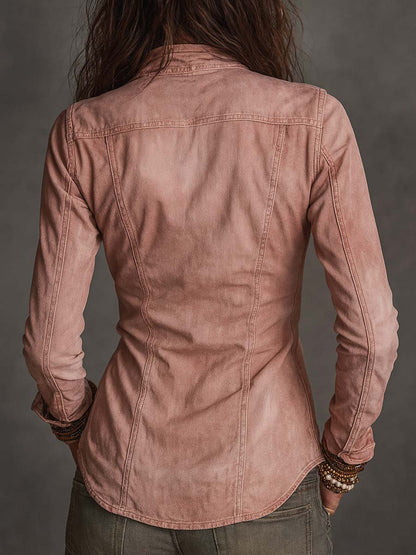 Camicia in denim rosa cipria con zip – dettaglio