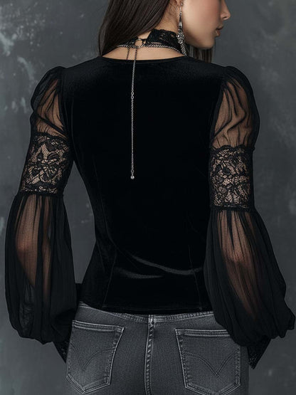 Blusa vintage in velluto nero con pizzo – dettaglio 4