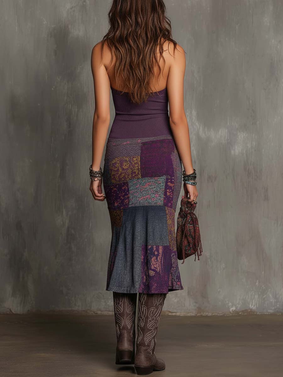 Vestito midi viola in maglia patchwork floreale – vista posteriore