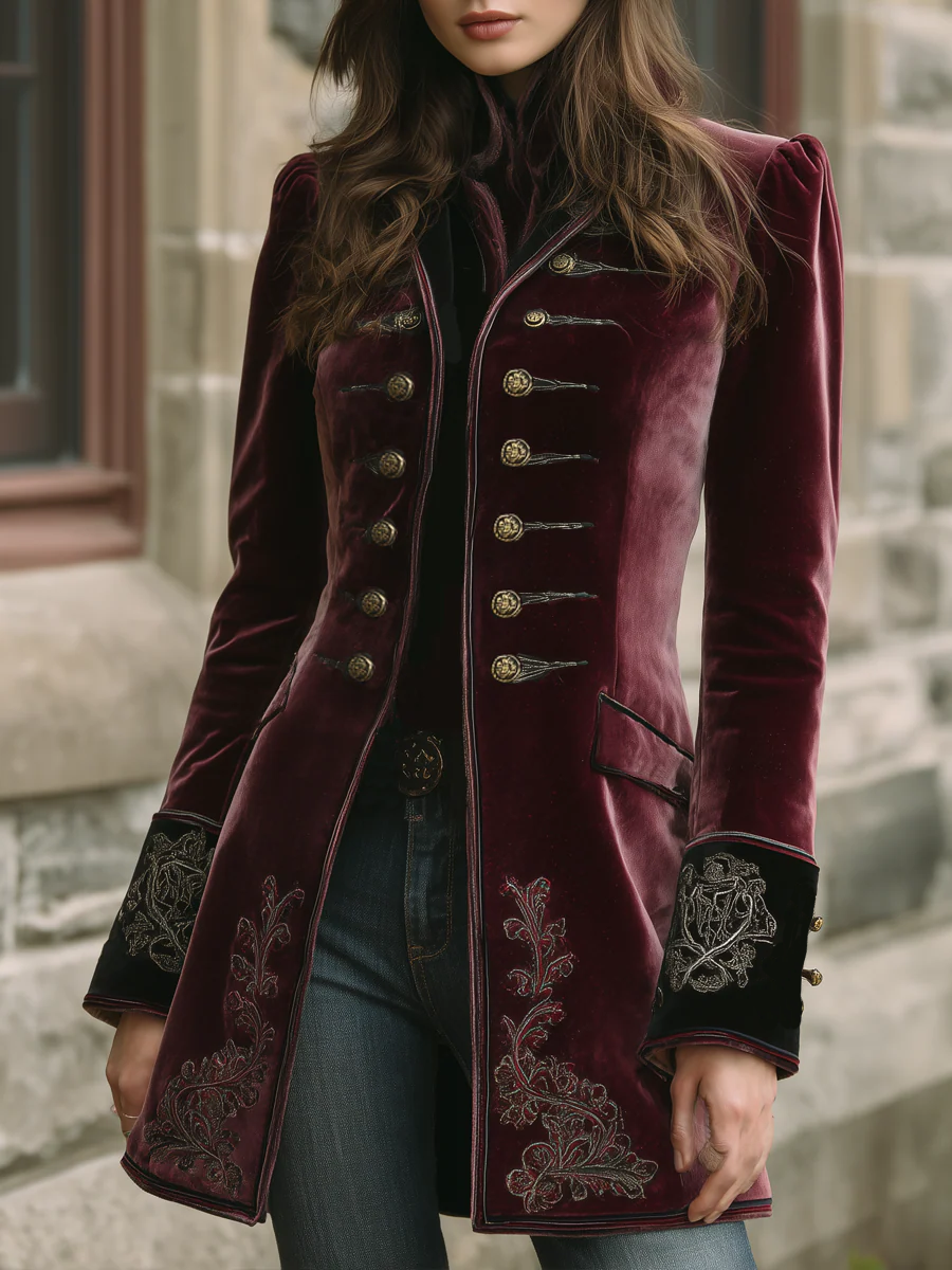 Cappotto in velluto rosso ricamato – vista frontale