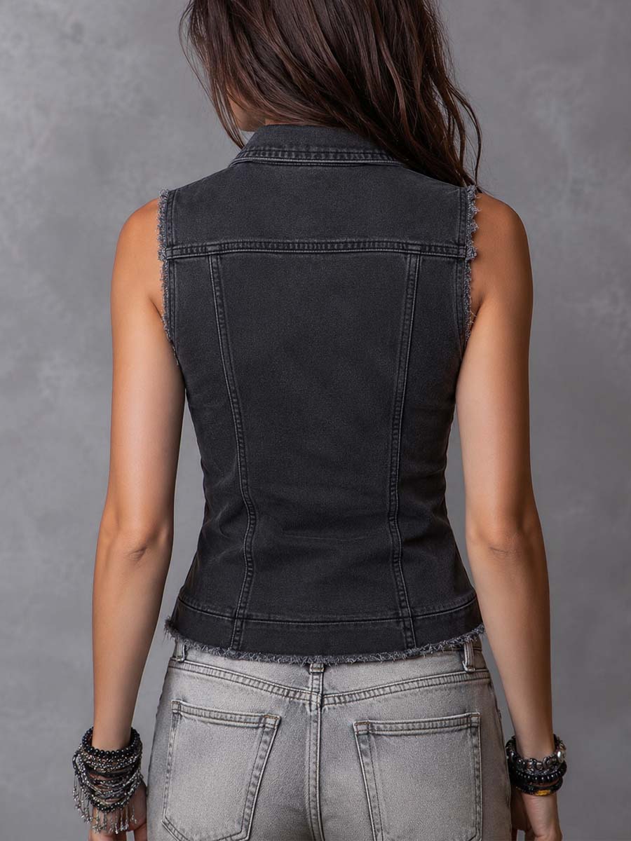Gilet vintage in denim con zip e orlo sfrangiato – dettaglio 4