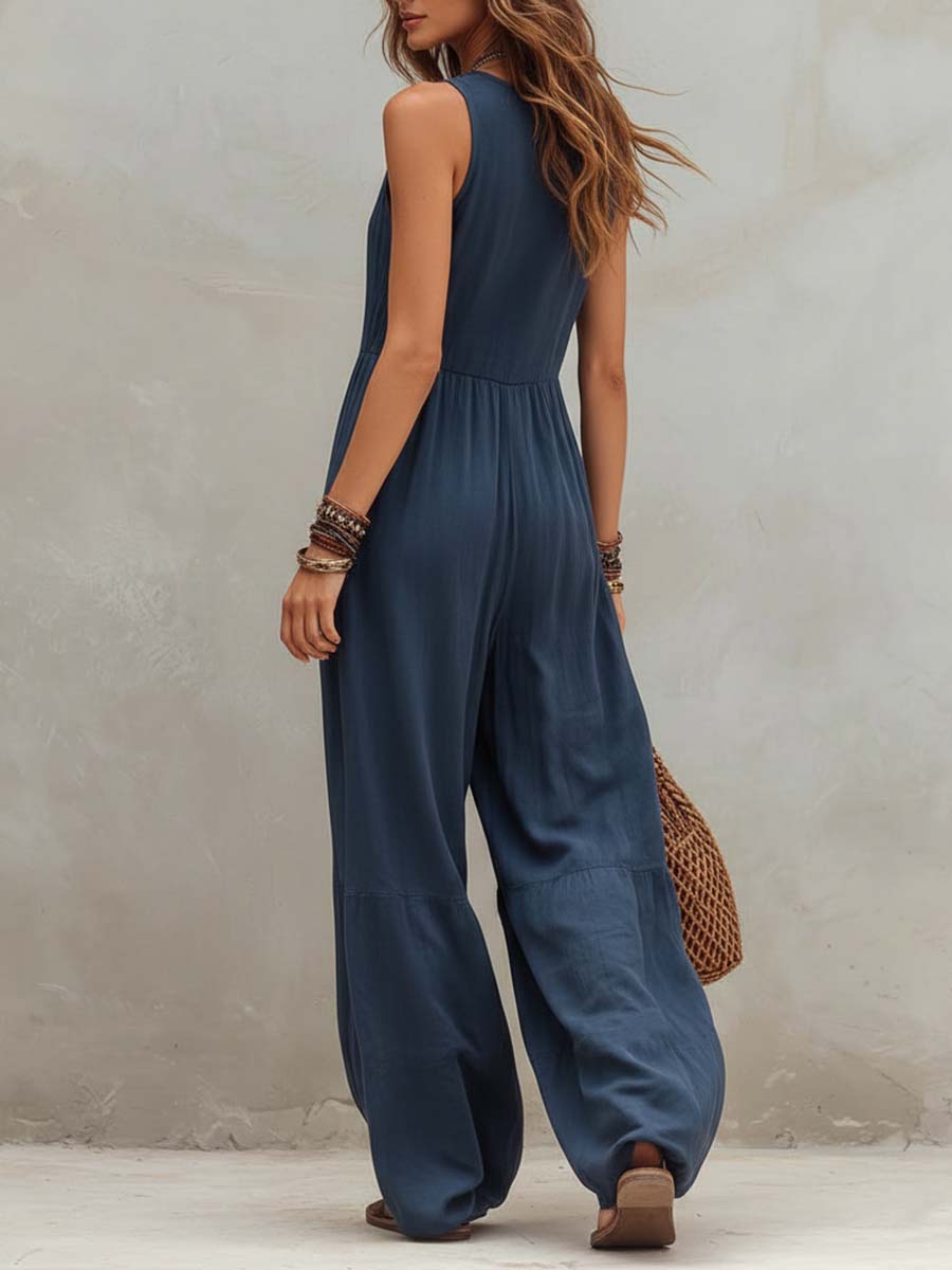 Tuta blu navy in cotone e lino – dettaglio 4