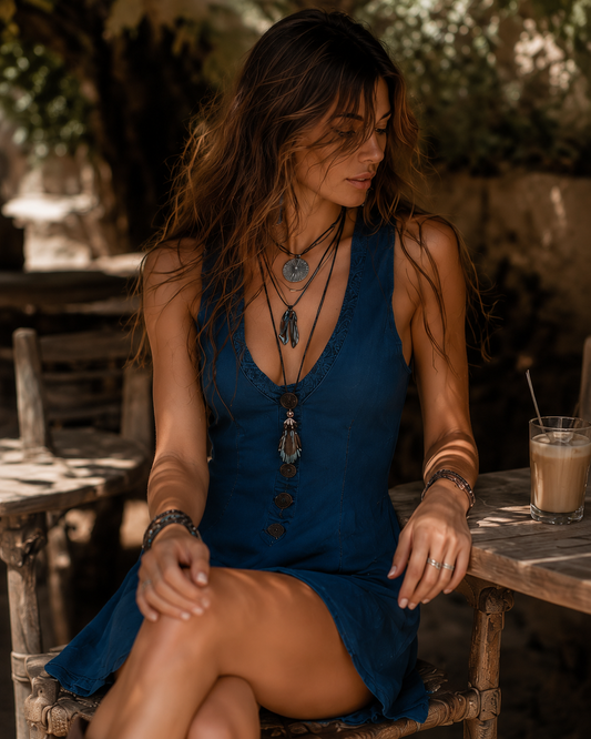 Vestito mini indaco boho – vista posteriore