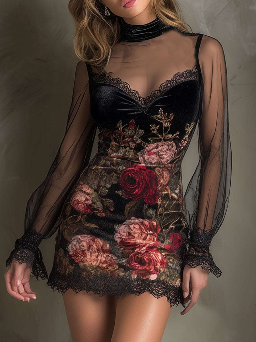 Vestito mini nero con rose in velluto – vista frontale