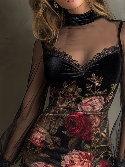 Vestito mini nero con rose in velluto – dettaglio del tessuto