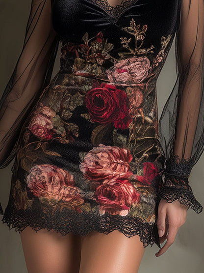 Vestito mini nero con rose in velluto – vista posteriore