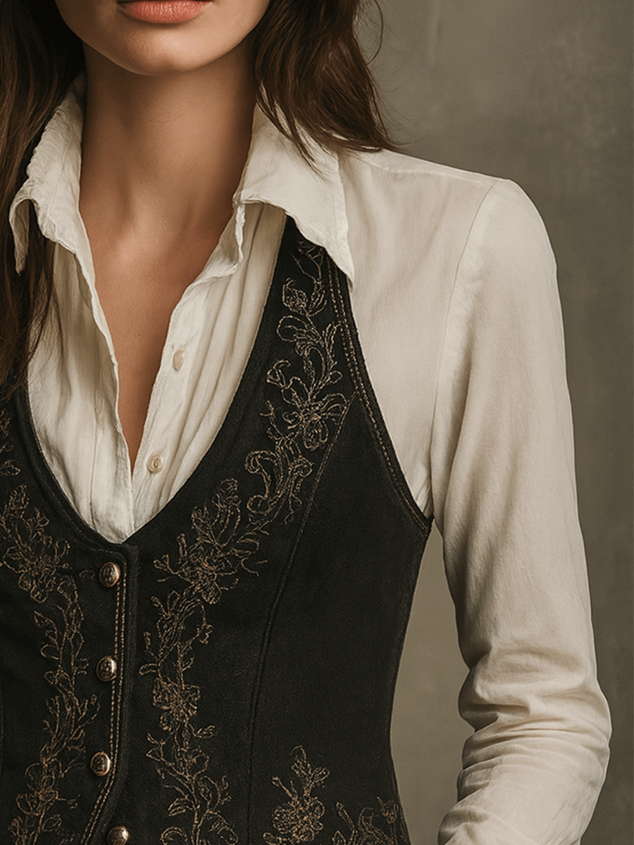 Gilet boho nero in velluto ricamato – dettaglio 3