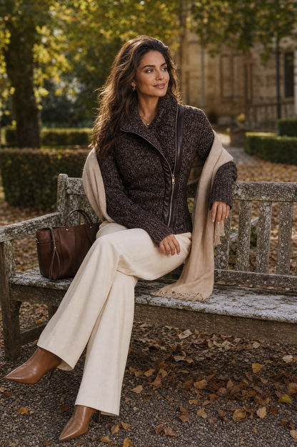 Giacca in maglia marrone con zip asimmetrica – dettaglio 2