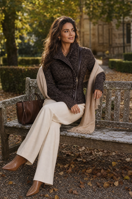 Giacca in maglia marrone con zip asimmetrica – dettaglio 2