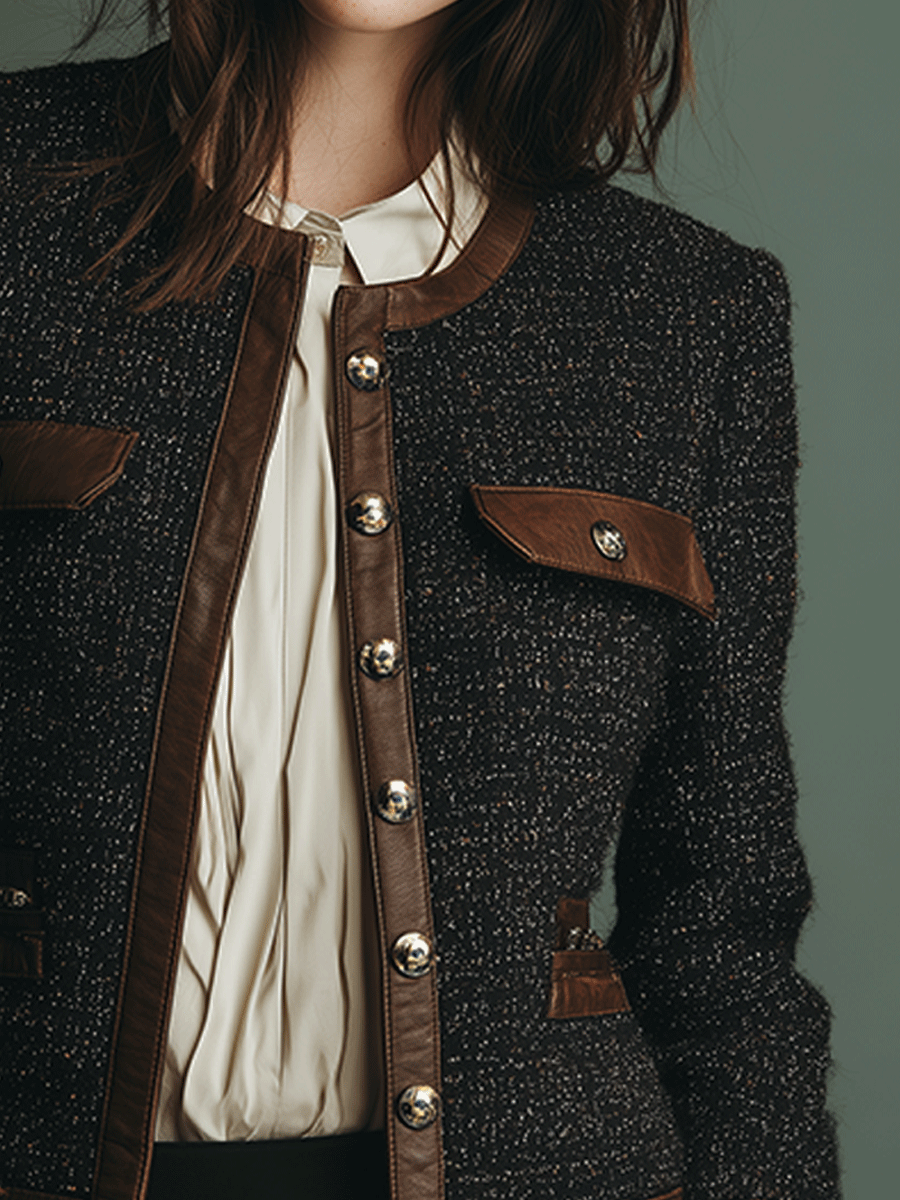 Giacca in tweed nera con rifiniture in similpelle – dettaglio 4