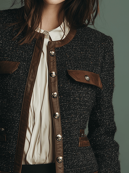 Giacca in tweed nera con rifiniture in similpelle – dettaglio 4