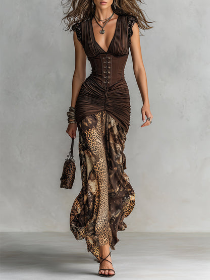 Vestito lungo leopardato cioccolato – vista frontale