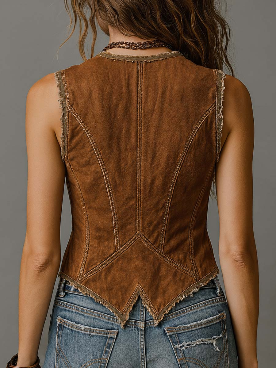 Gilet in denim color caramello lavato – dettaglio 3