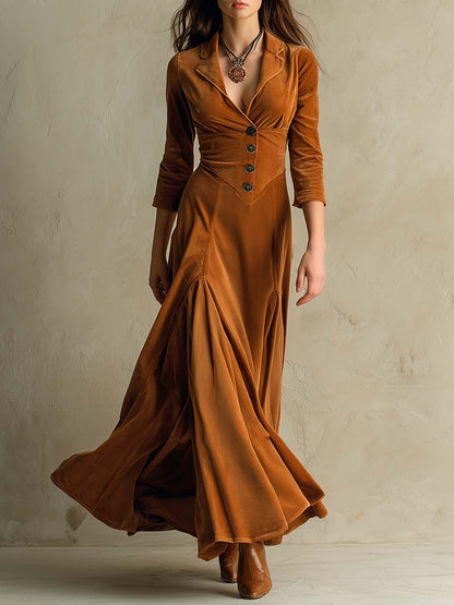 Vestito lungo in velluto caramello – vista frontale