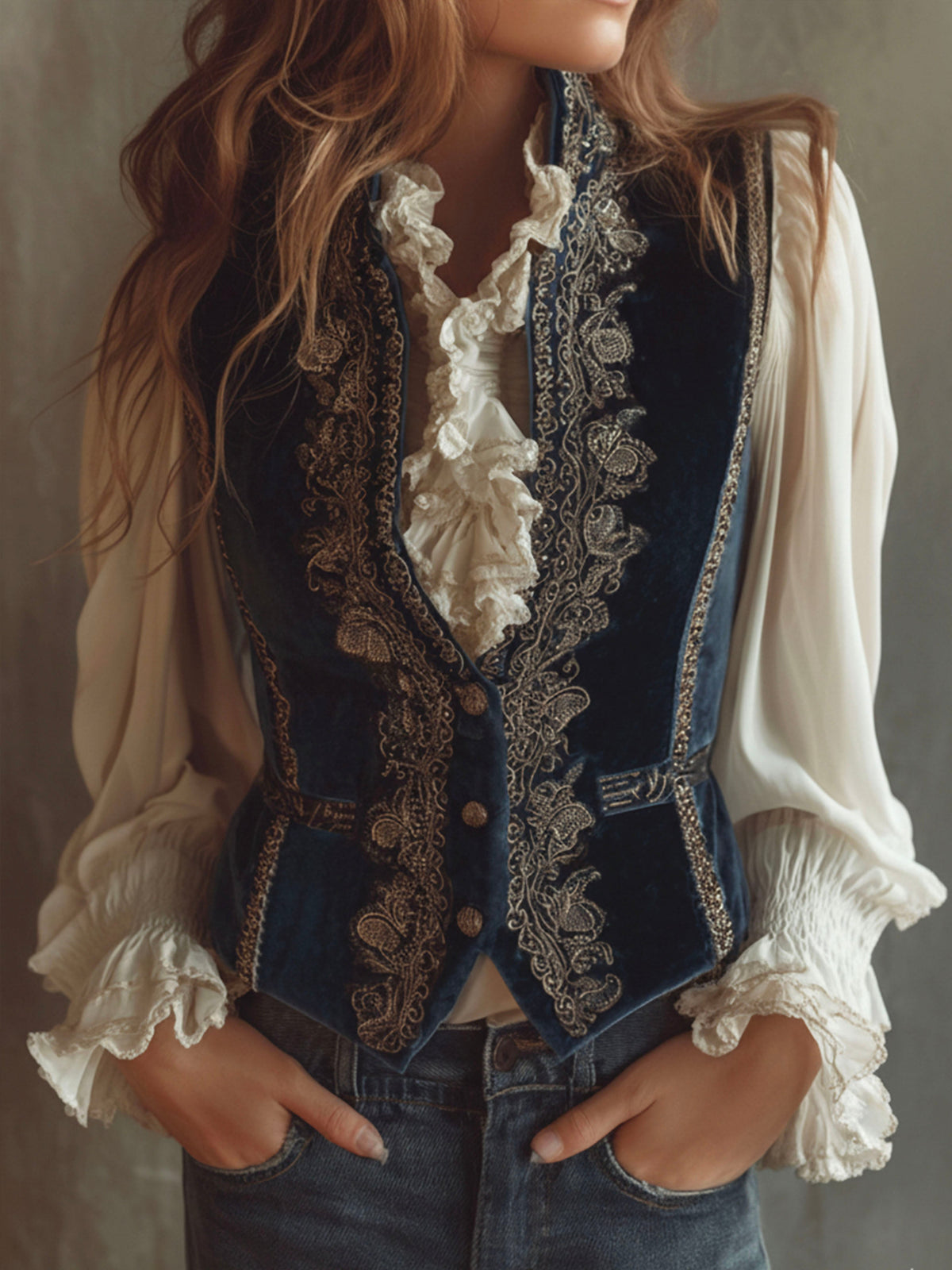 Gilet in velluto blu navy ricamato – vista frontale