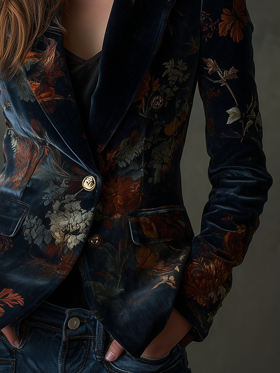 Blazer in velluto blu con stampa floreale – dettaglio 3