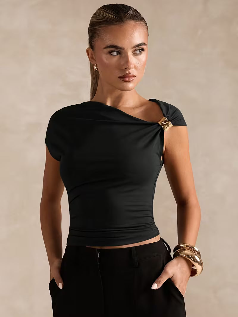Top asimmetrico Aurea nero – vista frontale