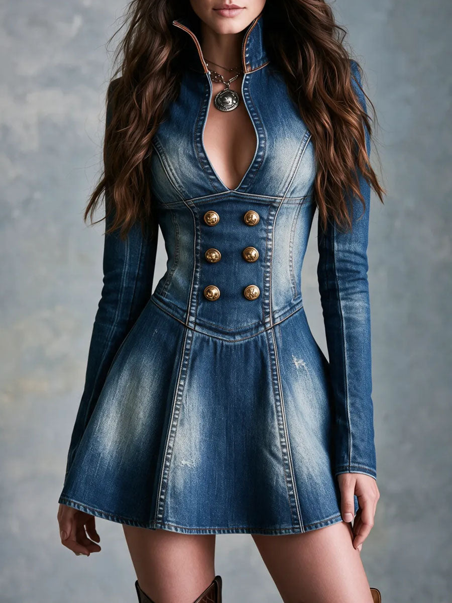 Abito mini in denim lavato con collo alla coreana – vista frontale