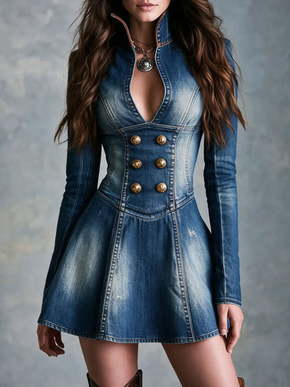 Abito mini in denim lavato con collo alla coreana – vista frontale