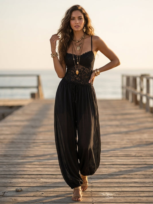 Jumpsuit harem nera in pizzo e chiffon – dettaglio 2