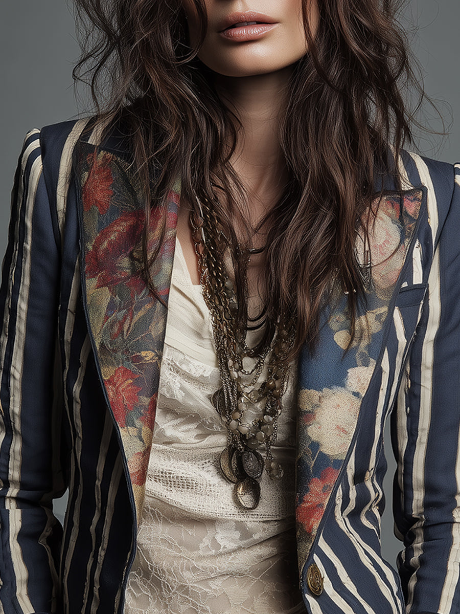 Blazer a righe con stampa floreale blu navy – dettaglio 7