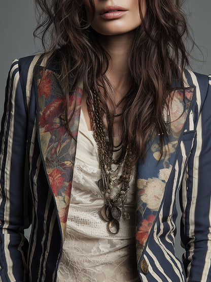 Blazer a righe con stampa floreale blu navy – dettaglio 7