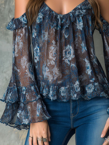 Camicetta boho blu notte floreale con volant – vista posteriore