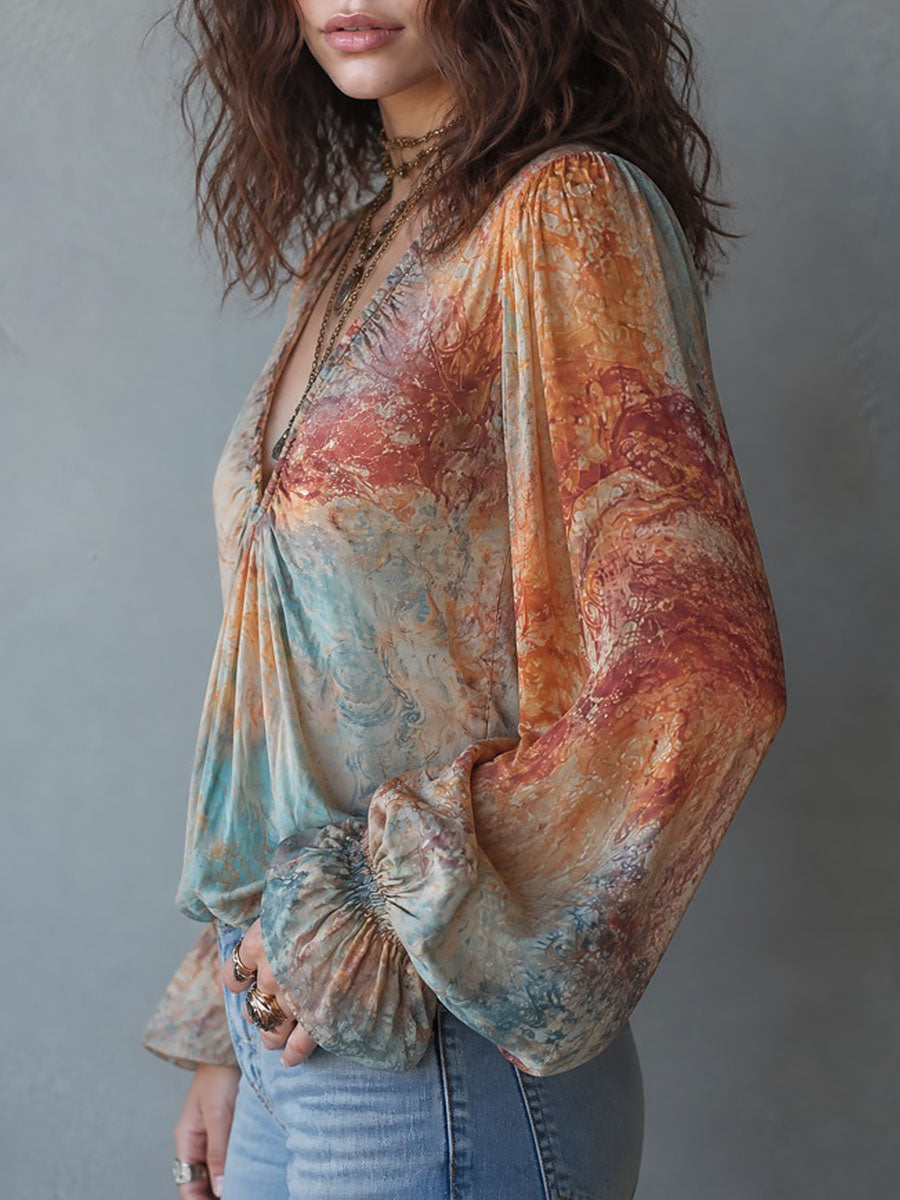 Blusa boho tie-dye multicolore con maniche a palloncino – dettaglio 1