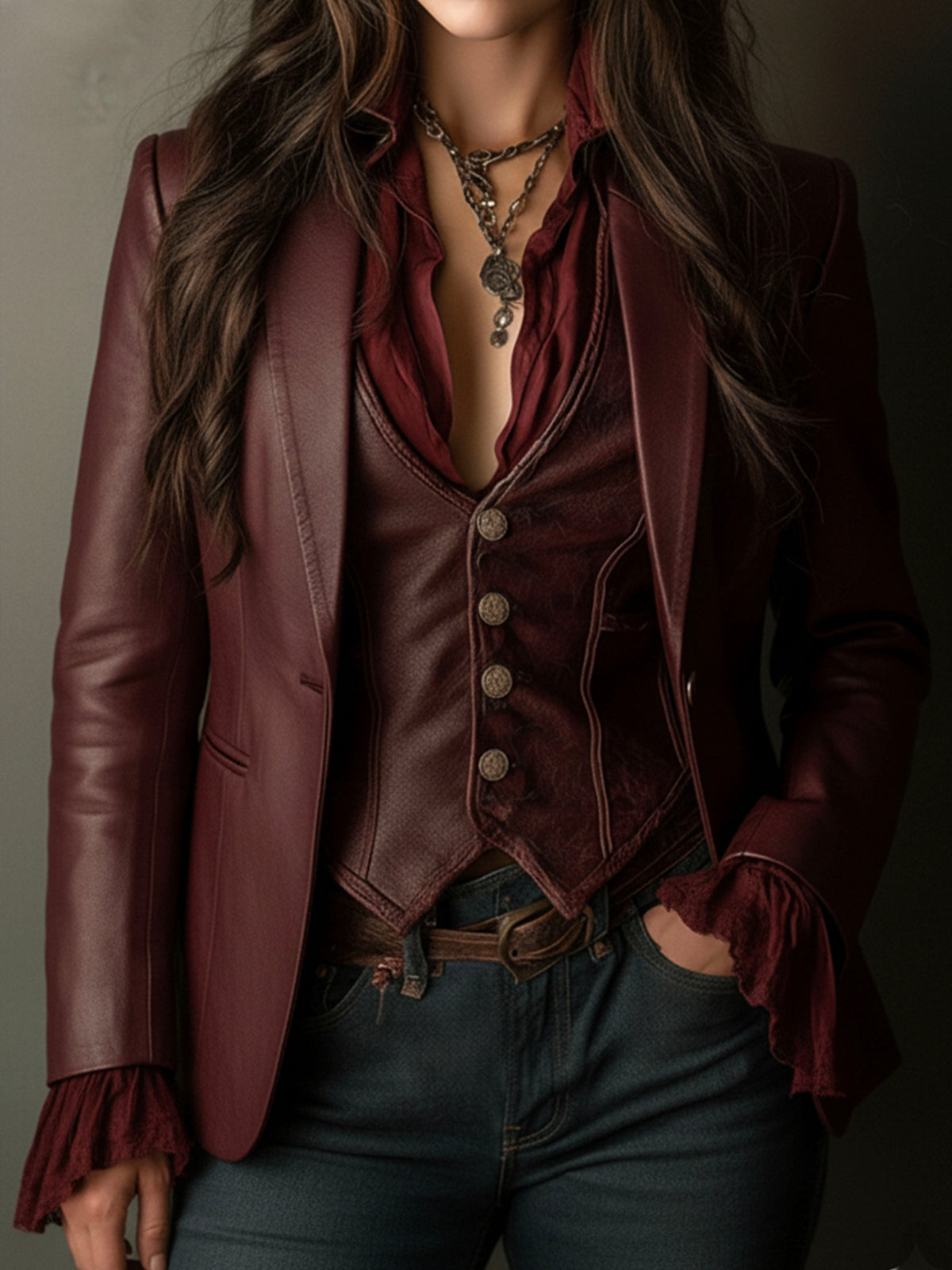 Blazer vintage bordeaux in ecopelle – dettaglio 5