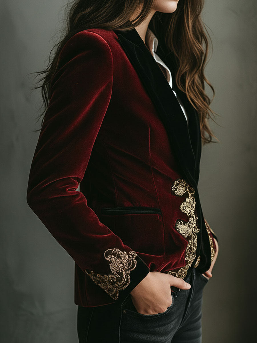 Blazer in velluto bordeaux ricamato – vista laterale