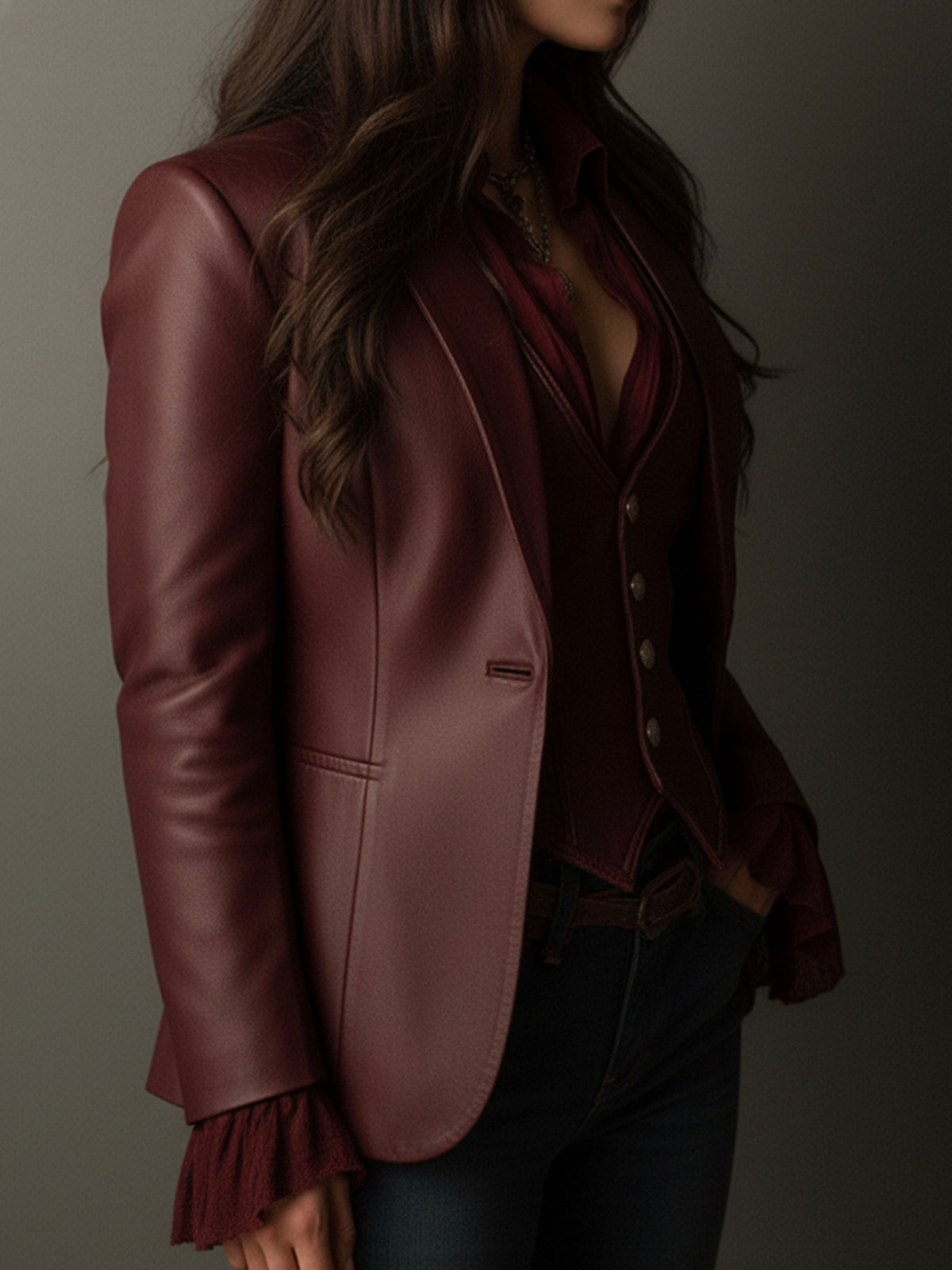 Blazer vintage bordeaux in ecopelle – dettaglio 6