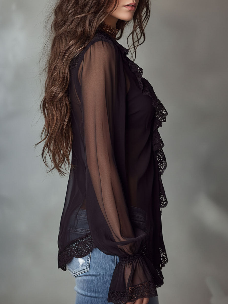 Blusa in chiffon nero con volant – vista posteriore