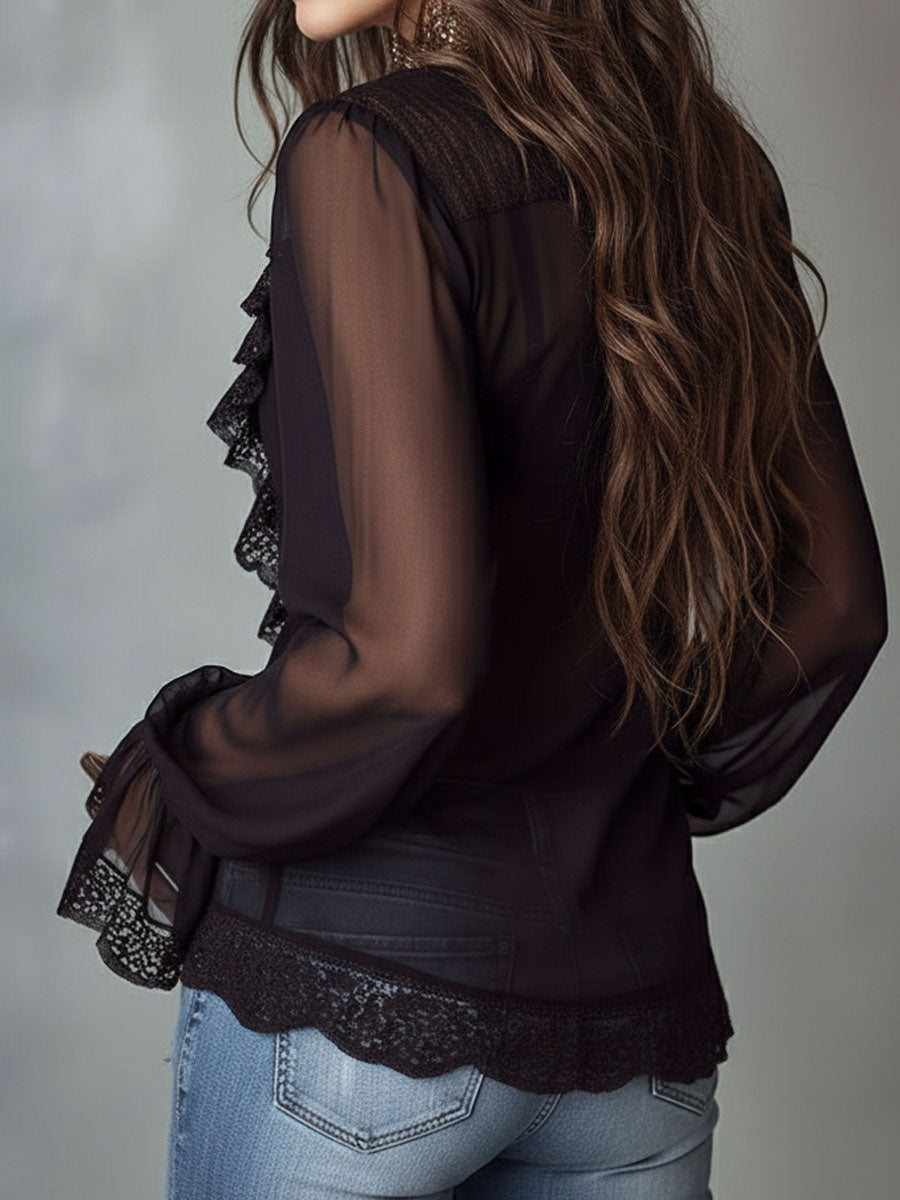 Blusa in chiffon nero con volant – vista laterale