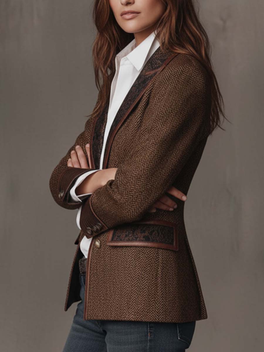 Blazer in tweed spigato marrone – dettaglio
