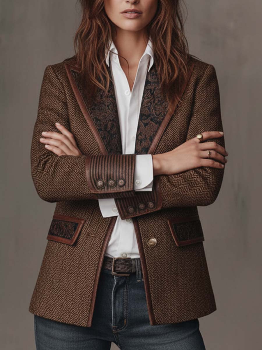 Blazer in tweed spigato marrone – vista posteriore