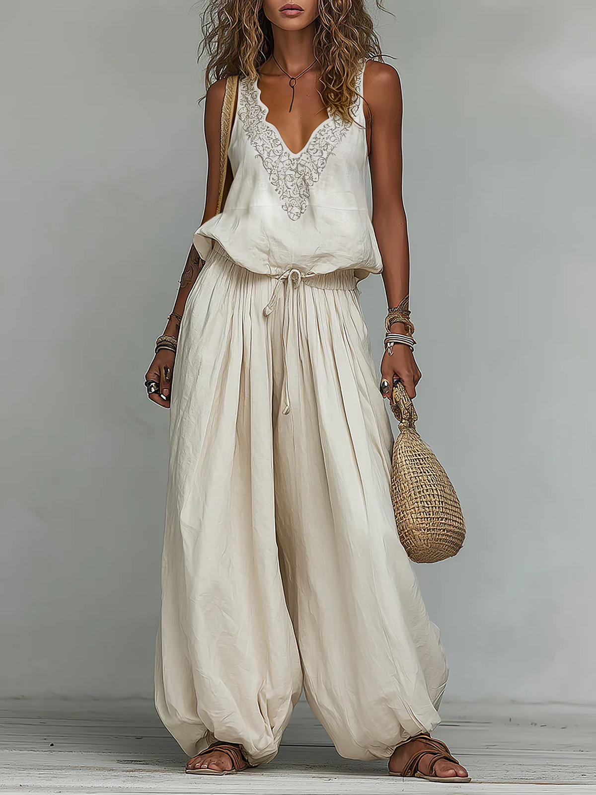 Coordinato boho gilet ricamato e pantaloni a palloncino – vista frontale