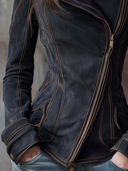 Giacca biker in denim antracite lavato – dettaglio 5