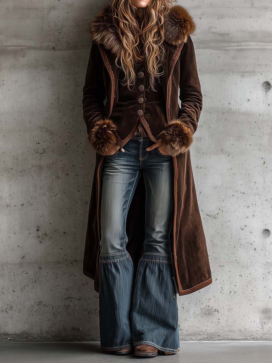 Cappotto lungo in camoscio cioccolato – vista frontale