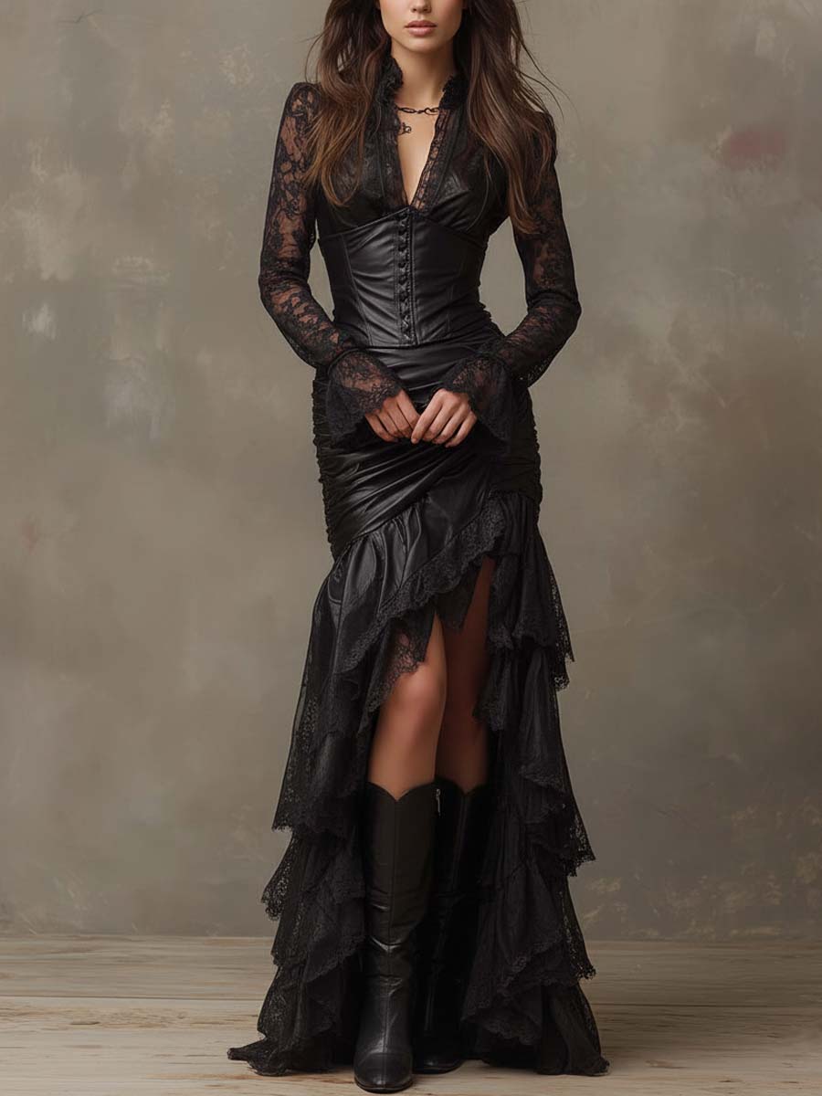 Vestito lungo nero in ecopelle con corsetto – dettaglio