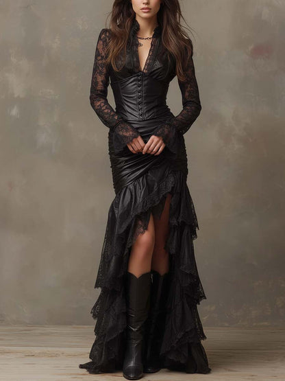 Vestito lungo nero in ecopelle con corsetto – dettaglio