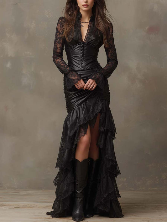 Vestito lungo nero in ecopelle con corsetto – dettaglio