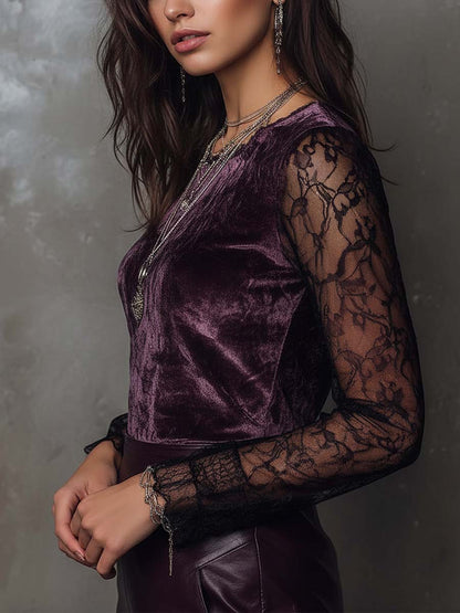 Top in velluto prugna con maniche in pizzo – dettaglio 3