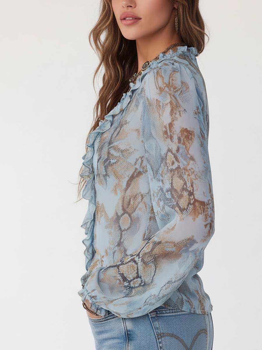 Blusa in chiffon con volant blu ghiaccio – dettaglio 4